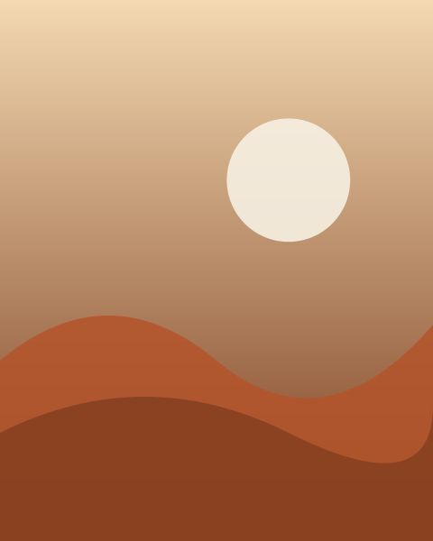 Abstract landscape of rust-coloured hills under a pale sun